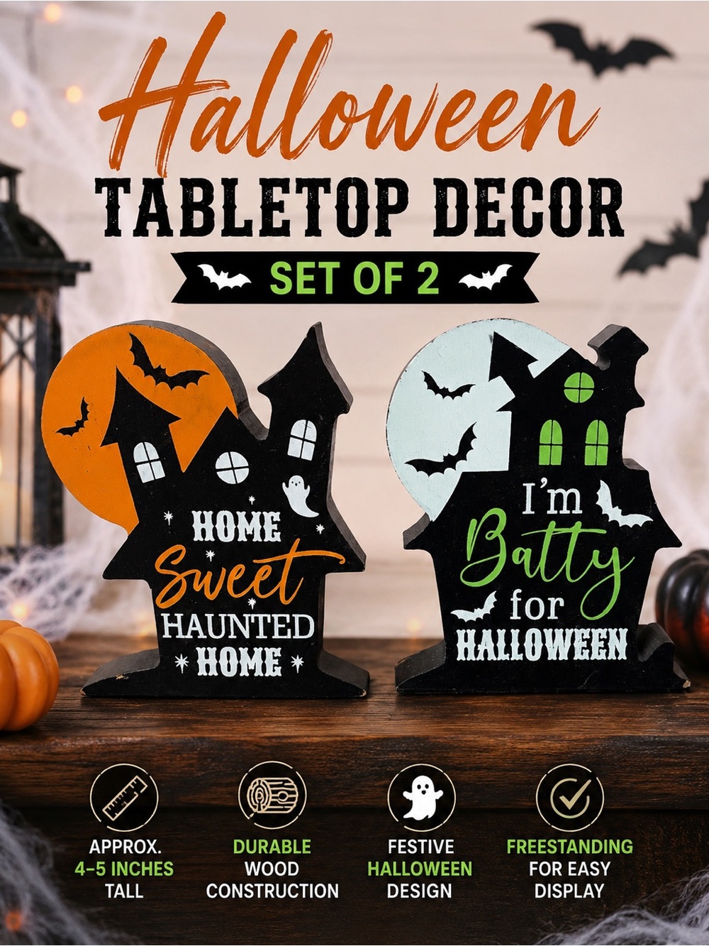 Halloween Haunted House Tabletop Decor Set of 2 Spooky Bat Signs